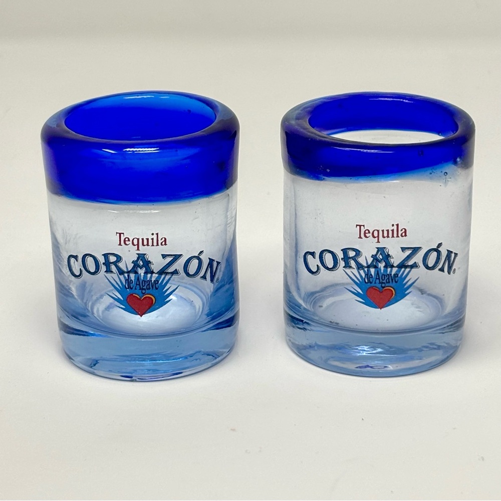 Corazon Tequila Shot Glasses Hand Blown Glass Cobalt Blue Rims Set Of Two Vtg?